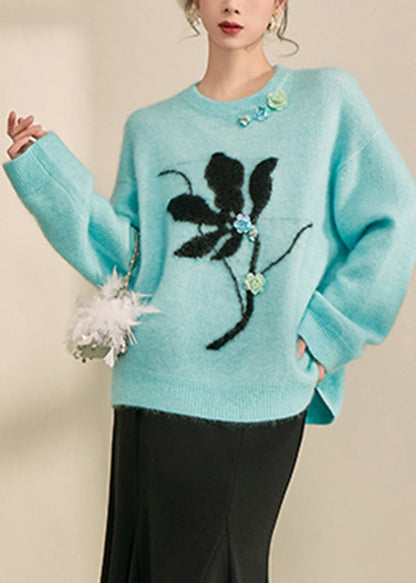 Natural Blue Print Cozy Cotton Knit Sweaters Spring