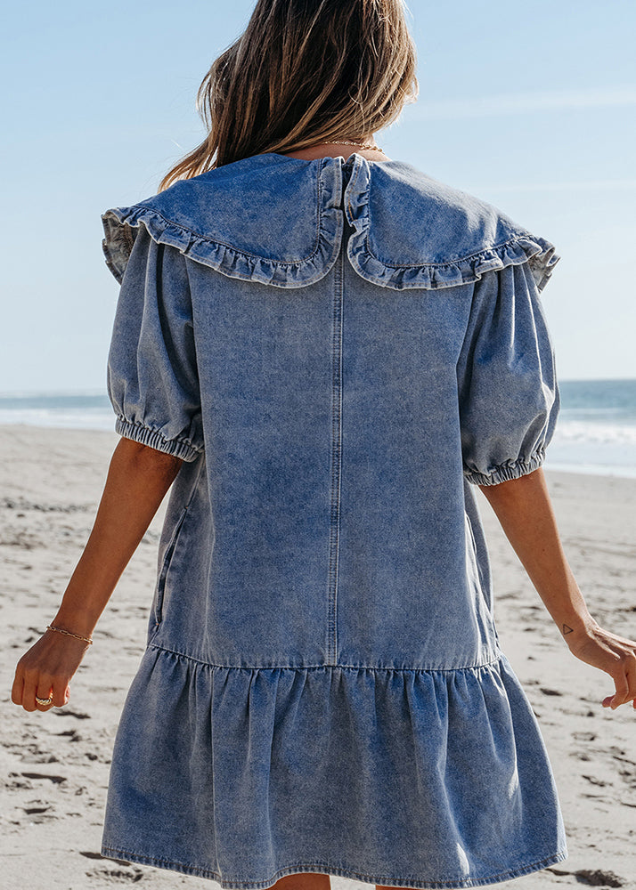 Natural Blue Sailor Collar Patchwork Denim Mid Dresses Summer