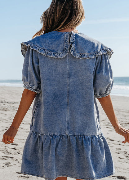 Natural Blue Sailor Collar Patchwork Denim Mid Dresses Summer