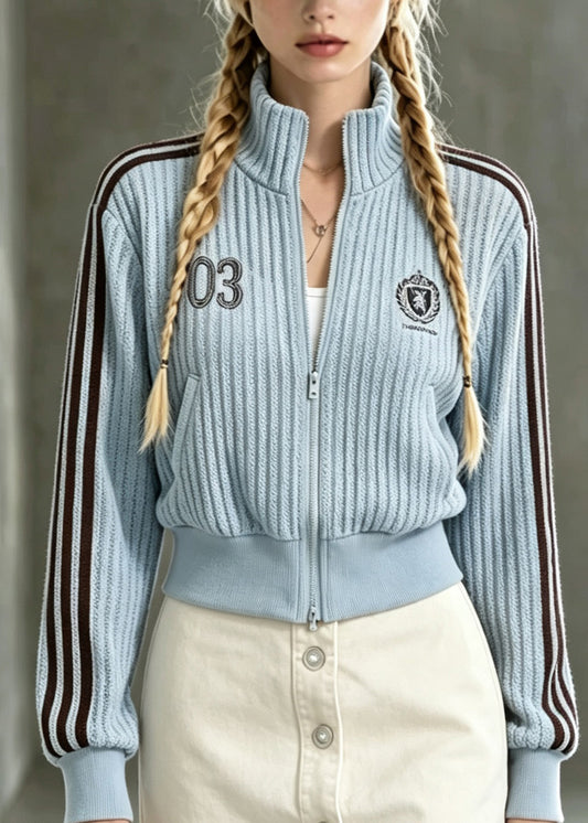 Natural Blue Stand Collar Striped Patchwork Knit Coats Fall