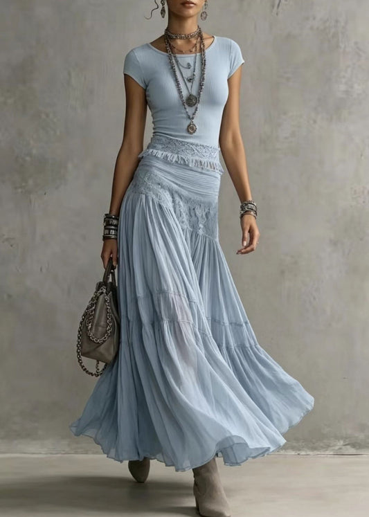Natural Blue Tassel Knit Top And Chiffon Maxi Skirts Two Piece Set Sleeveless