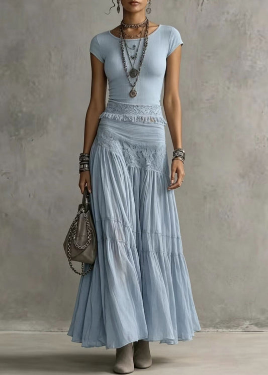 Natural Blue Tassel Knit Top And Chiffon Maxi Skirts Two Piece Set Sleeveless