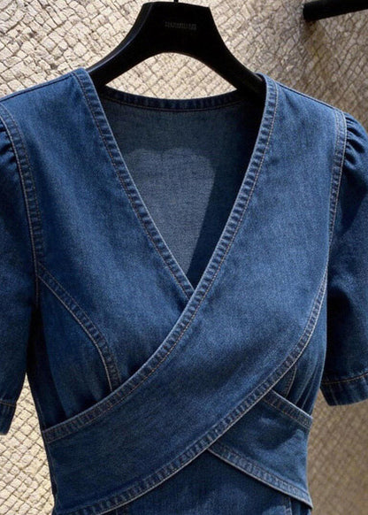 Natural Blue V Neck Patchwork Denim Shirt Summer