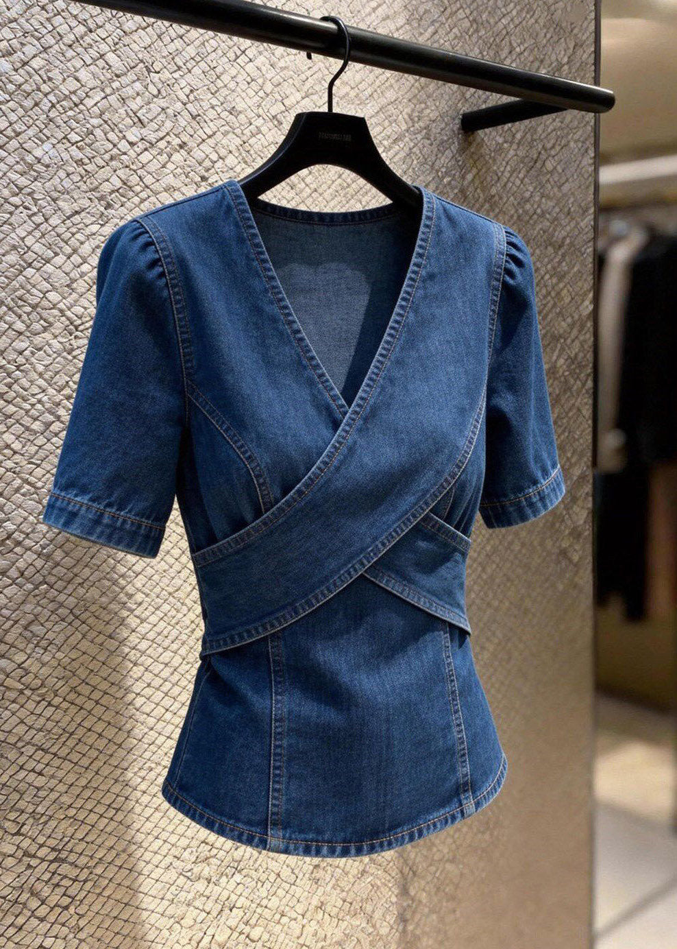 Natural Blue V Neck Patchwork Denim Shirt Summer