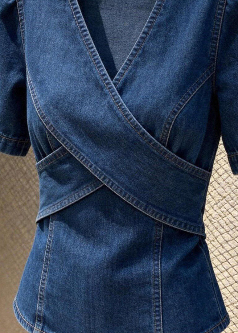 Natural Blue V Neck Patchwork Denim Shirt Summer