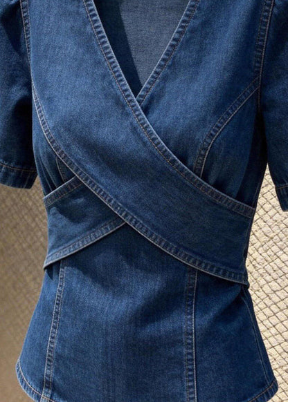 Natural Blue V Neck Patchwork Denim Shirt Summer