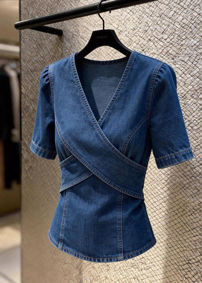 Natural Blue V Neck Patchwork Denim Shirt Summer