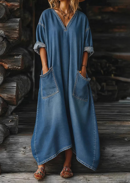 Natural Blue V Neck Pockets Patchwork Denim Dresses Summer
