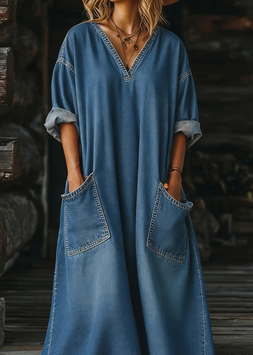 Natural Blue V Neck Pockets Patchwork Denim Dresses Summer