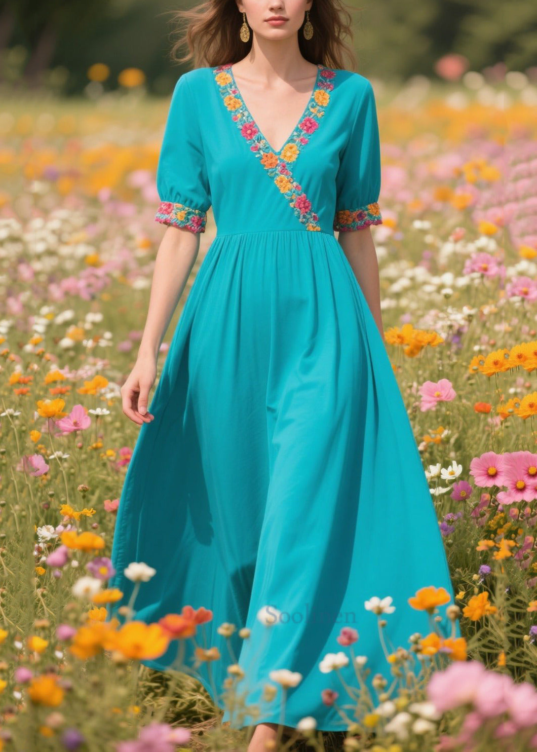 Natural Blue V Neck Print Cotton Vacation Dress Summer