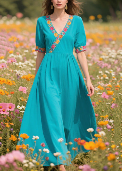 Natural Blue V Neck Print Cotton Vacation Dress Summer