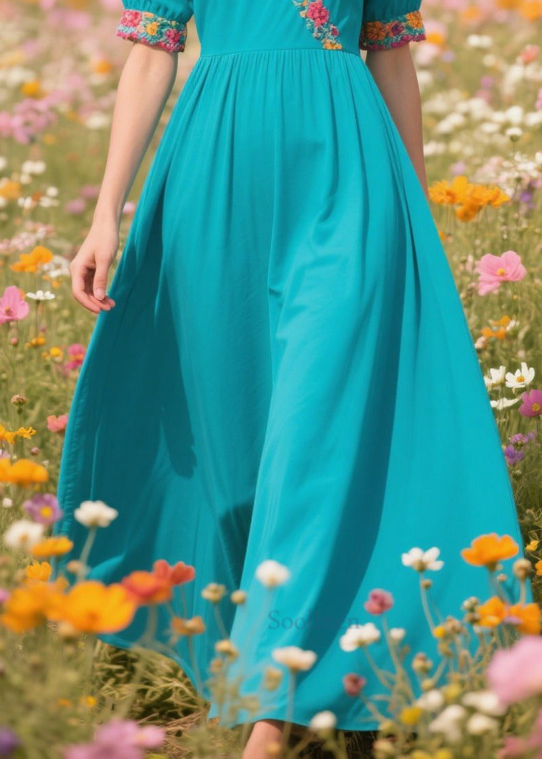 Natural Blue V Neck Print Cotton Vacation Dress Summer