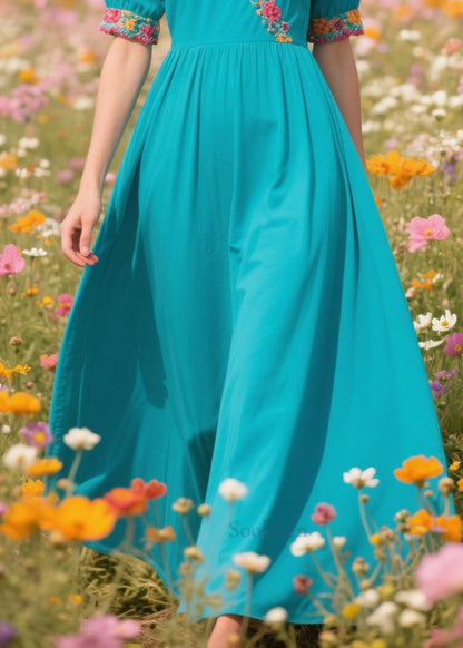 Natural Blue V Neck Print Cotton Vacation Dress Summer