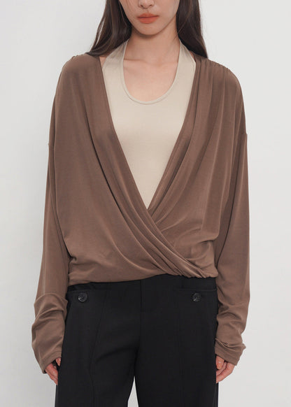 Natural Brown Hatle Patchwork Cotton Fake Two Piece Shirt Top Fall