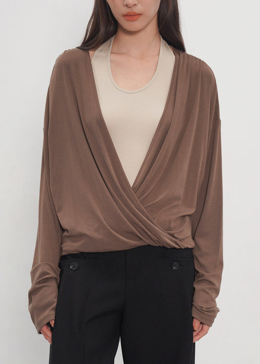 Natural Brown Hatle Patchwork Cotton Fake Two Piece Shirt Top Fall