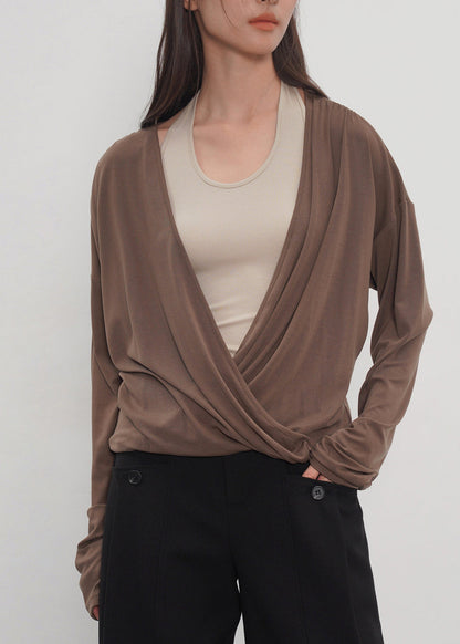 Natural Brown Hatle Patchwork Cotton Fake Two Piece Shirt Top Fall