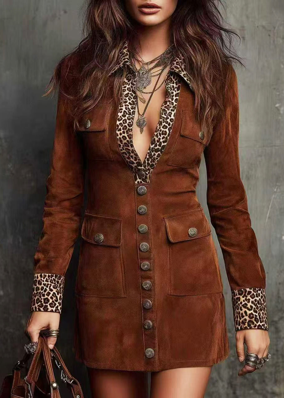 Natural Brown Peter Pan Collar Patchwork Leopard Mini Dress Fall