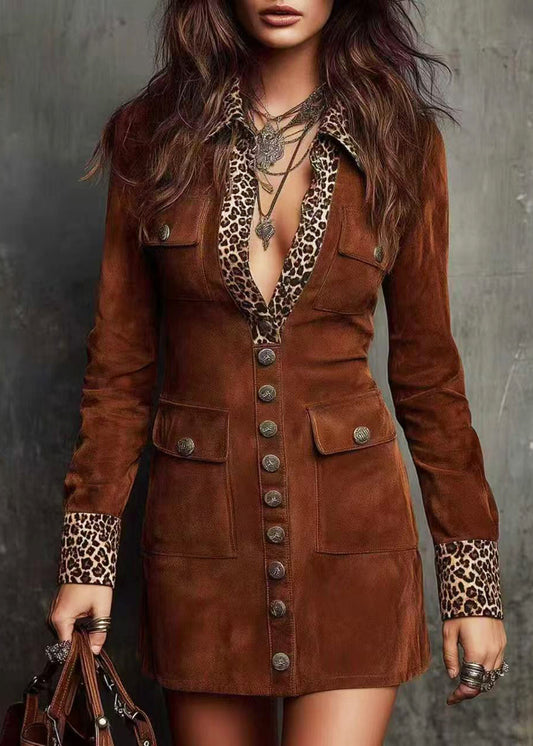 Natural Brown Peter Pan Collar Patchwork Leopard Mini Dress Fall