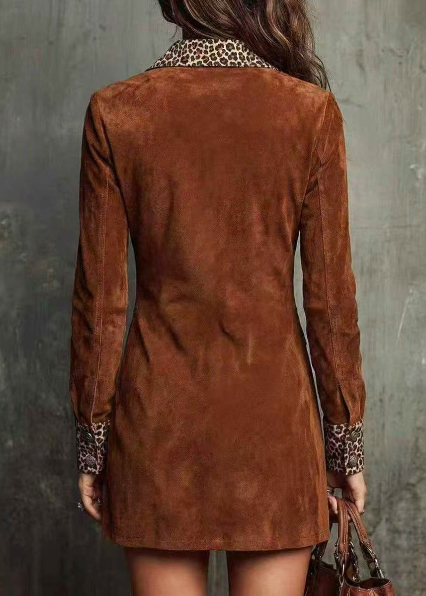 Natural Brown Peter Pan Collar Patchwork Leopard Mini Dress Fall