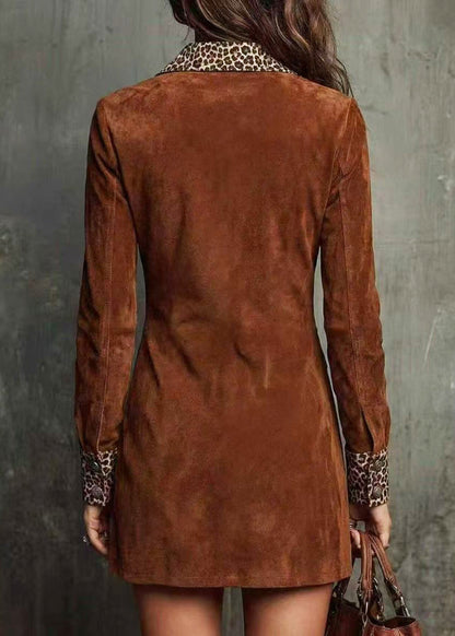 Natural Brown Peter Pan Collar Patchwork Leopard Mini Dress Fall