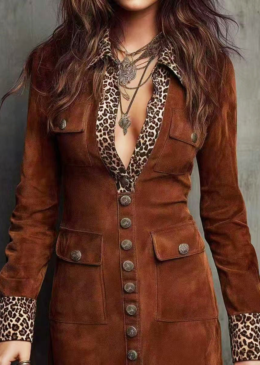 Natural Brown Peter Pan Collar Patchwork Leopard Mini Dress Fall