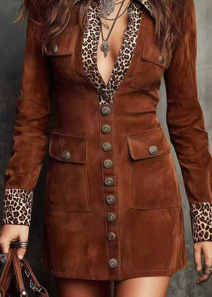 Natural Brown Peter Pan Collar Patchwork Leopard Mini Dress Fall