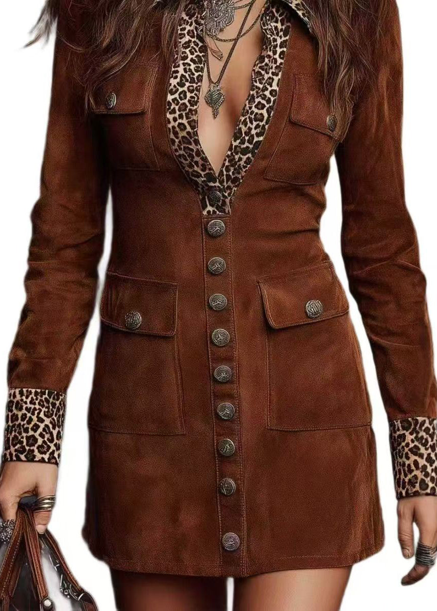 Natural Brown Peter Pan Collar Patchwork Leopard Mini Dress Fall