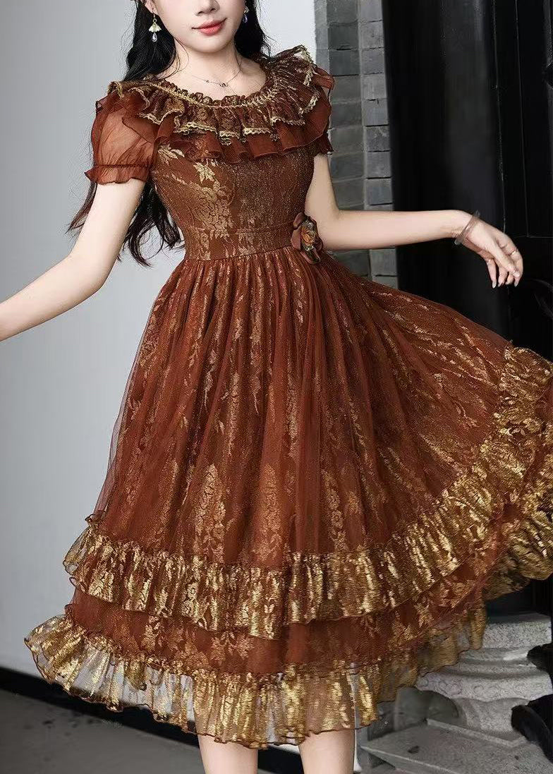 Natural Brown Ruffled Jacquard Tulle Robe Dresses Summer