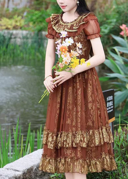 Natural Brown Ruffled Jacquard Tulle Robe Dresses Summer