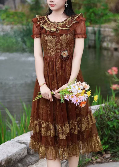 Natural Brown Ruffled Jacquard Tulle Robe Dresses Summer