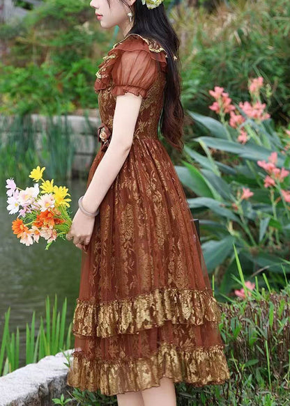 Natural Brown Ruffled Jacquard Tulle Robe Dresses Summer