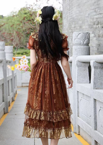 Natural Brown Ruffled Jacquard Tulle Robe Dresses Summer