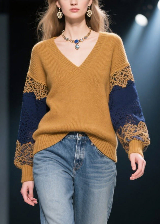 Natural Brown V Neck Patchwork Lace Knit Pullover Winter