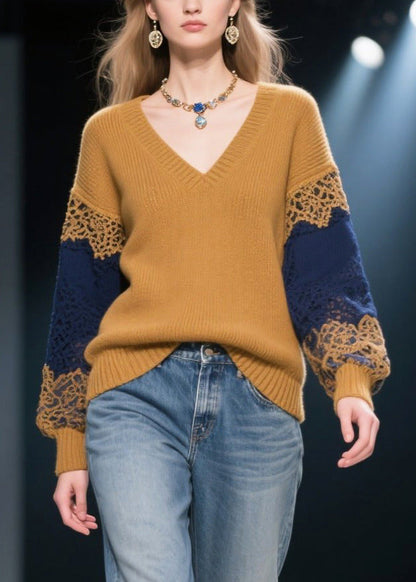 Natural Brown V Neck Patchwork Lace Knit Pullover Winter