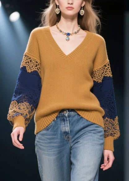 Natural Brown V Neck Patchwork Lace Knit Pullover Winter