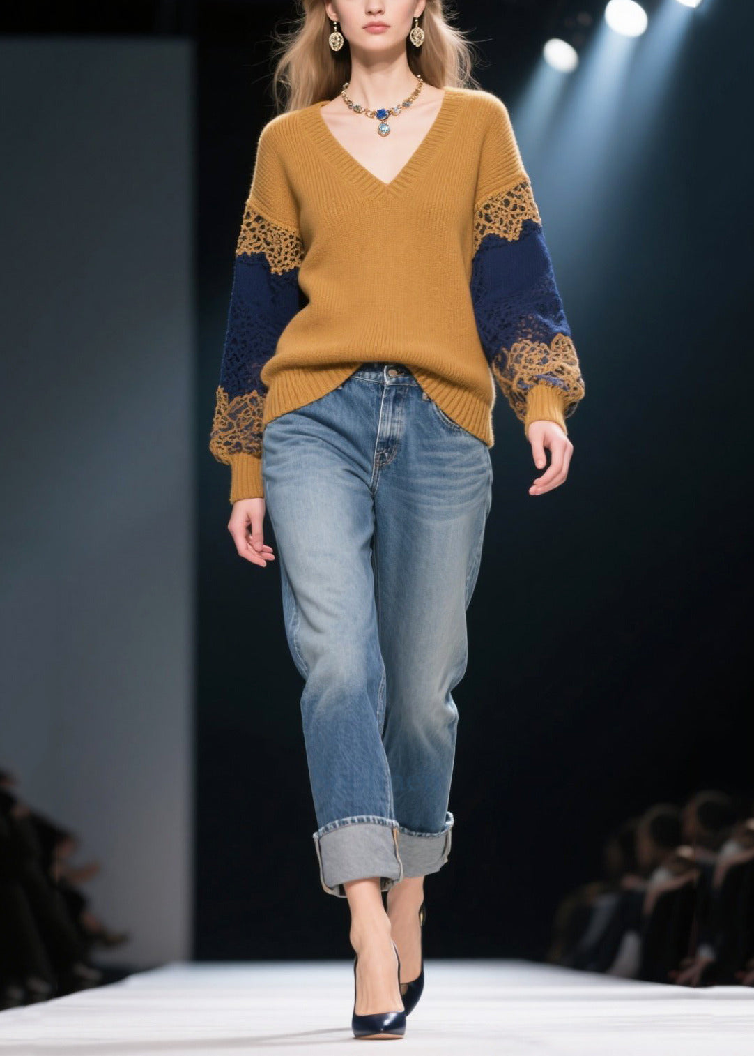 Natural Brown V Neck Patchwork Lace Knit Pullover Winter