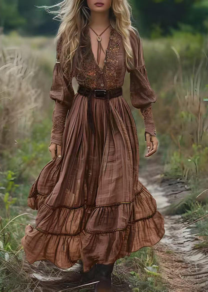 Natural Brown V Neck Print Patchwork Cotton Maxi Dresses Spring