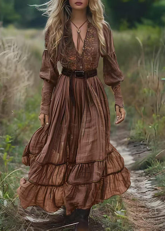 Natural Brown V Neck Print Patchwork Cotton Maxi Dresses Spring