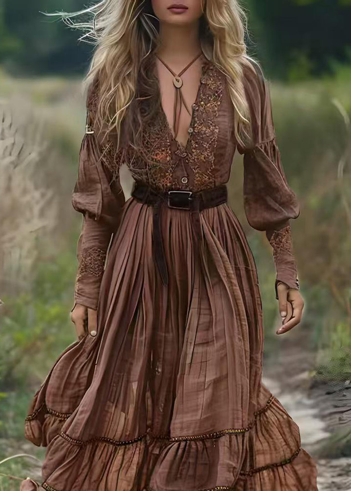 Natural Brown V Neck Print Patchwork Cotton Maxi Dresses Spring