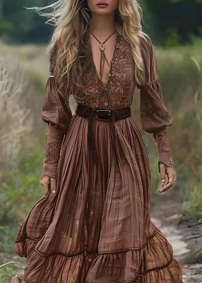 Natural Brown V Neck Print Patchwork Cotton Maxi Dresses Spring