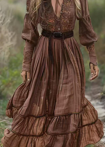 Natural Brown V Neck Print Patchwork Cotton Maxi Dresses Spring