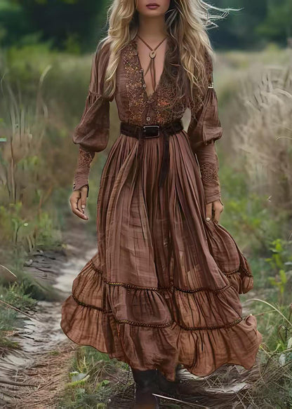 Natural Brown V Neck Print Patchwork Cotton Maxi Dresses Spring