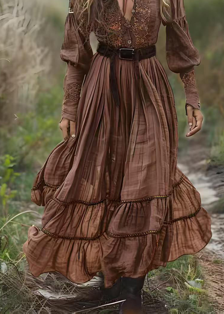 Natural Brown V Neck Print Patchwork Cotton Maxi Dresses Spring