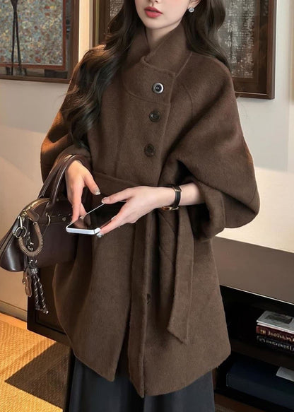 Natural Camel Pockets Tie Waist Woolen Coats Batwing Sleeve