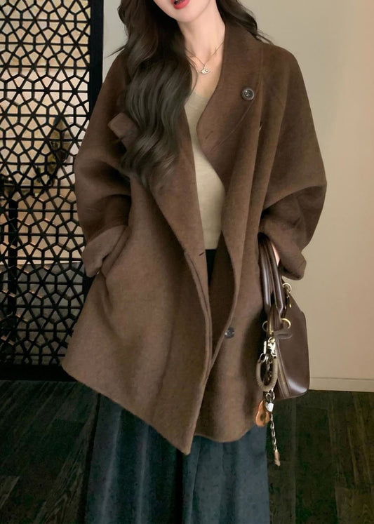 Natural Camel Pockets Tie Waist Woolen Coats Batwing Sleeve