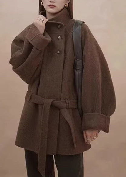 Natural Camel Pockets Tie Waist Woolen Coats Batwing Sleeve