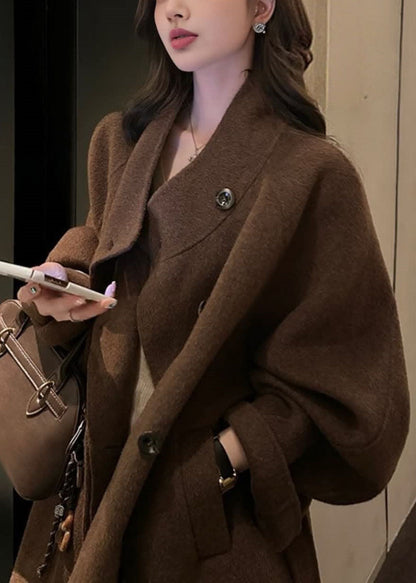 Natural Camel Pockets Tie Waist Woolen Coats Batwing Sleeve