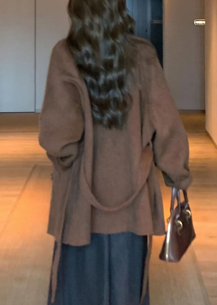 Natural Camel Pockets Tie Waist Woolen Coats Batwing Sleeve