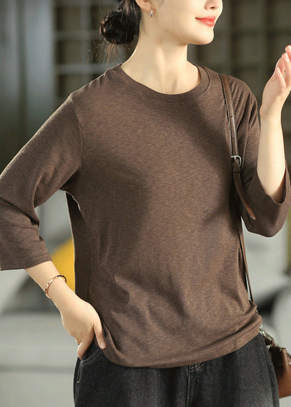 Natural Coffee O-Neck Cotton Blouses Bracelet Sleeve
