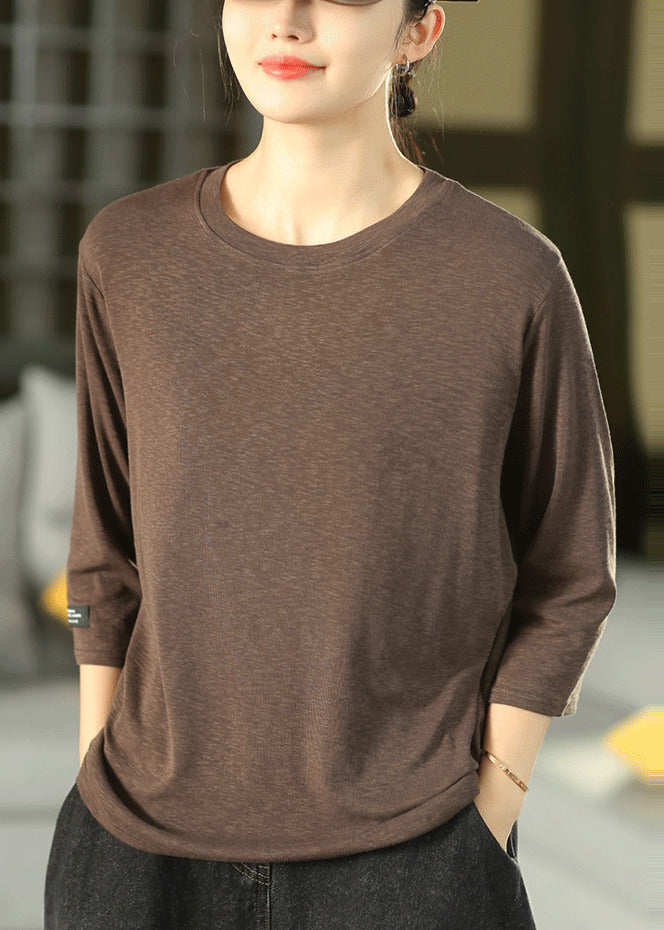 Natural Coffee O-Neck Cotton Blouses Bracelet Sleeve